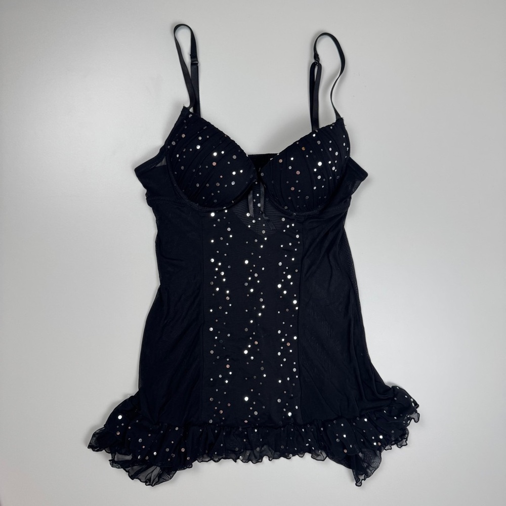 Native Intimates Black Mesh Ruffle Silver Sequins Babydoll Slip Dress Lingerie
